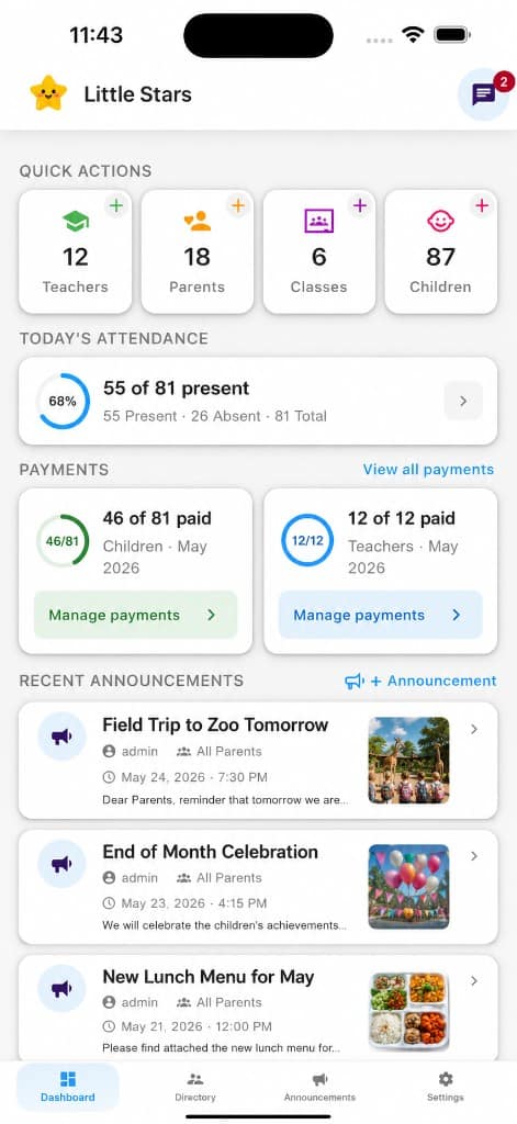 KidTrack Kindergarten Admin dashboard on mobile — quick actions, attendance, payments, and announcements