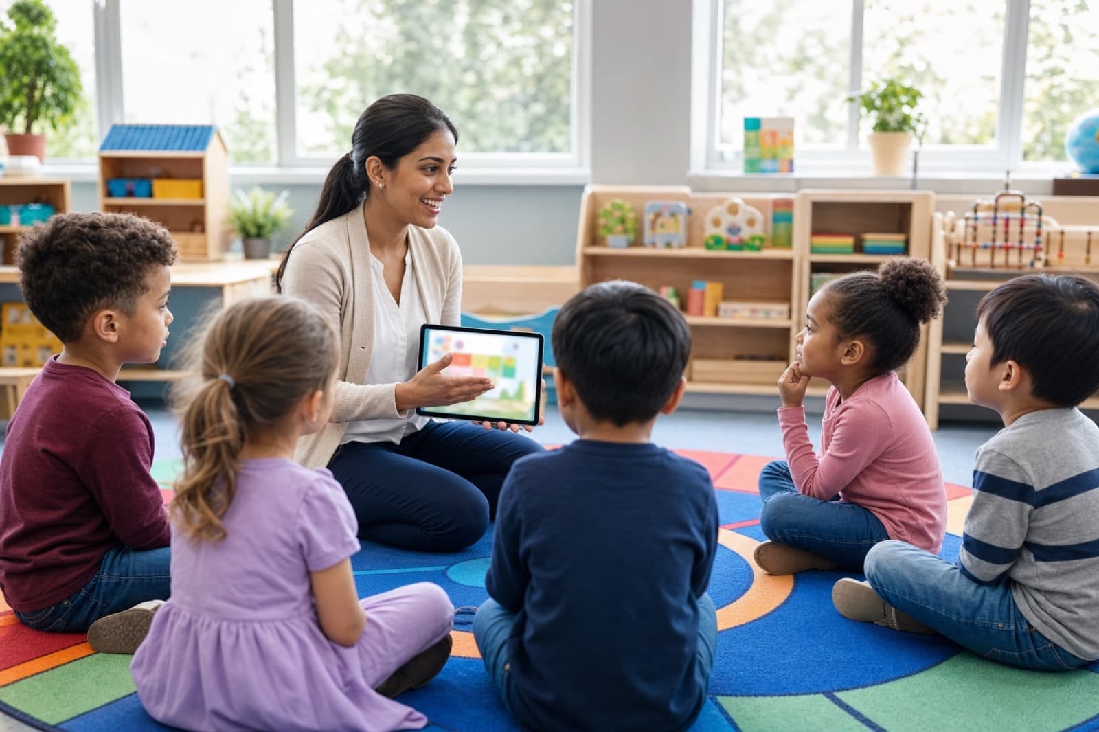 Teacher leading morning circle time in a bright kindergarten classroom with a tablet for daily routines